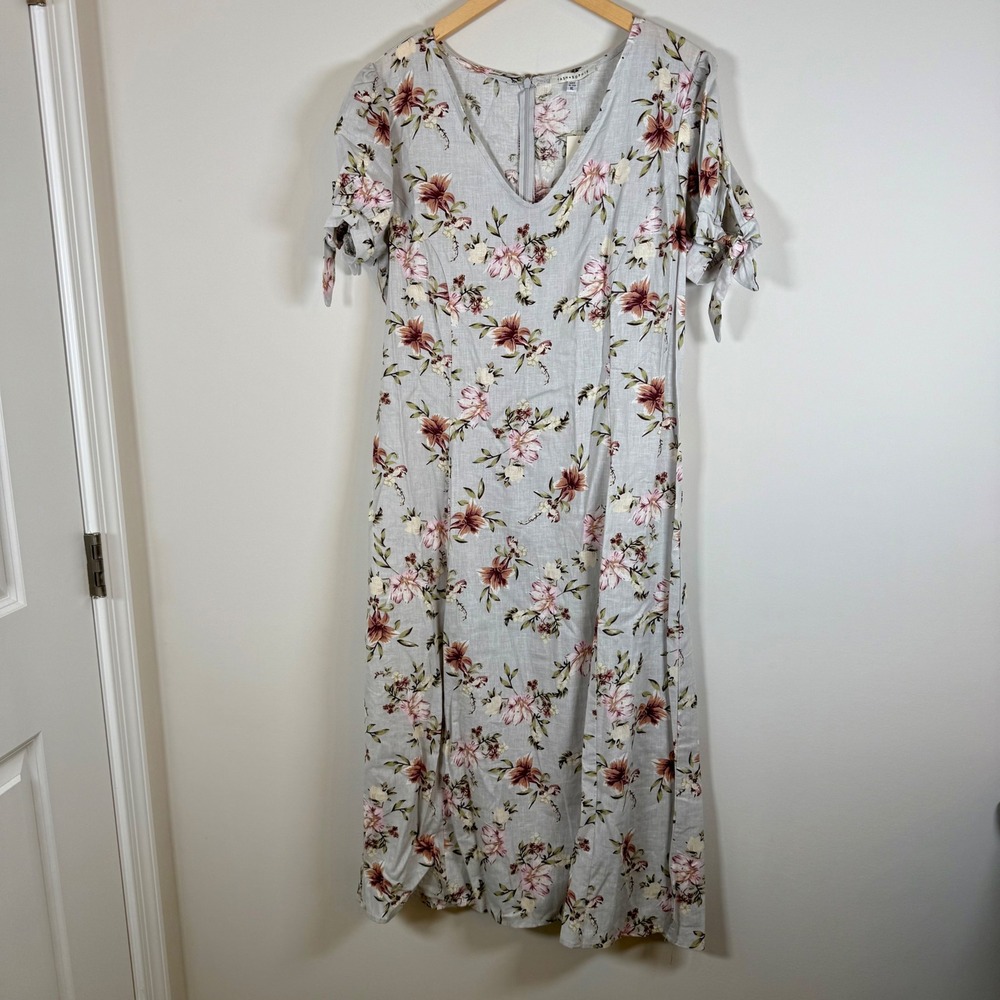 NEW Tash + Sophie Floral Print Midi Dress XL Linen Blend Tie Sleeve‎ BOHO NWT